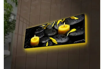 Canvas-taulu LED-valaistuksella 30x90 cm - Rauhoittava sommitelma mustilla kivillä ja palavilla kynttilöillä - Musta / Keltainen / Harmaa - Sisustustuotteet - Taulu & taide - Canvas-taulu