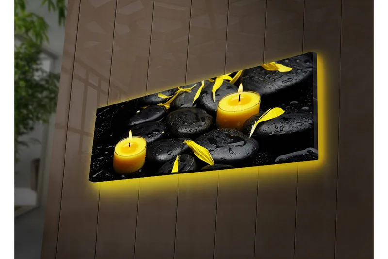 Canvas-taulu LED-valaistuksella 30x90 cm - Rauhoittava sommitelma mustilla kivillä ja palavilla kynttilöillä - Musta / Keltainen / Harmaa - Sisustustuotteet - Taulu & taide - Canvas-taulu