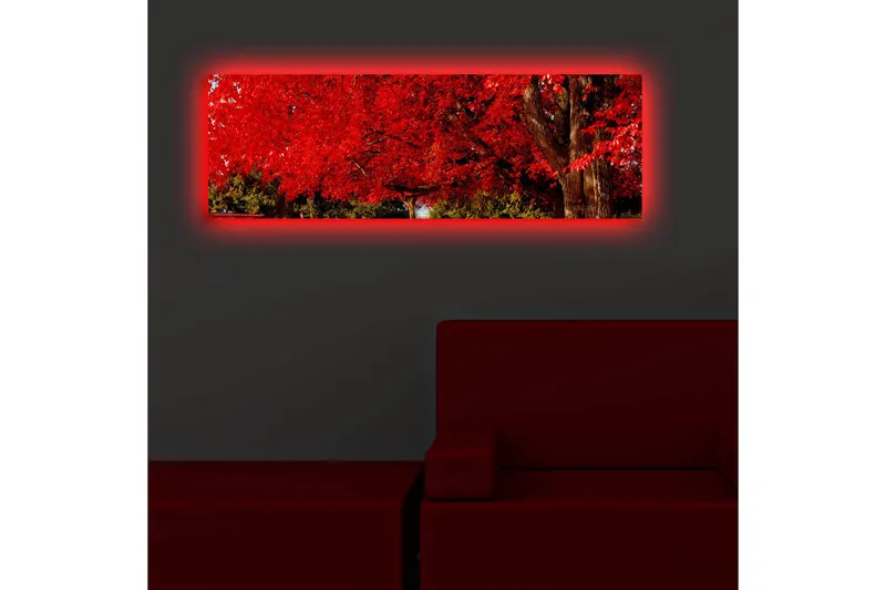 Canvas-taulu LED-valaistuksella 30x90 cm - Rehevä punainen lehtimetsä ja suuri puunrunko - Punainen / Vihreä / Ruskea - Sisustustuotteet - Taulu & taide - Canvas-taulu