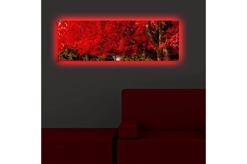 Canvas-taulu LED-valaistuksella 30x90 cm - Rehevä punainen lehtimetsä ja suuri puunrunko - Punainen / Vihreä / Ruskea - Sisustustuotteet - Taulu & taide - Canvas-taulu