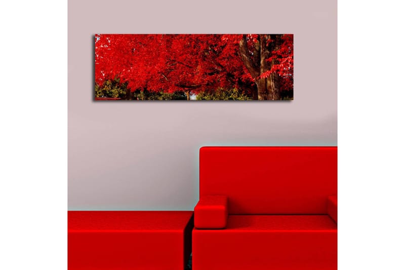 Canvas-taulu LED-valaistuksella 30x90 cm - Rehevä punainen lehtimetsä ja suuri puunrunko - Punainen / Vihreä / Ruskea - Sisustustuotteet - Taulu & taide - Canvas-taulu