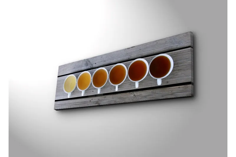 Canvas-taulu LED-valaistuksella 30x90 cm - Rivi kahvikuppeja eri juomasävyillä - Vaaleankeltainen / Ruskea / Oranssi - Sisustustuotteet - Taulu & taide - Canvas-taulu