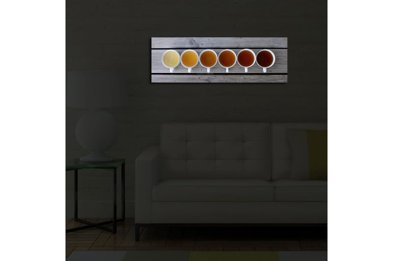 Canvas-taulu LED-valaistuksella 30x90 cm - Rivi kahvikuppeja eri juomasävyillä - Vaaleankeltainen / Ruskea / Oranssi - Sisustustuotteet - Taulu & taide - Canvas-taulu