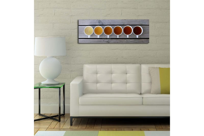Canvas-taulu LED-valaistuksella 30x90 cm - Rivi kahvikuppeja eri juomasävyillä - Vaaleankeltainen / Ruskea / Oranssi - Sisustustuotteet - Taulu & taide - Canvas-taulu