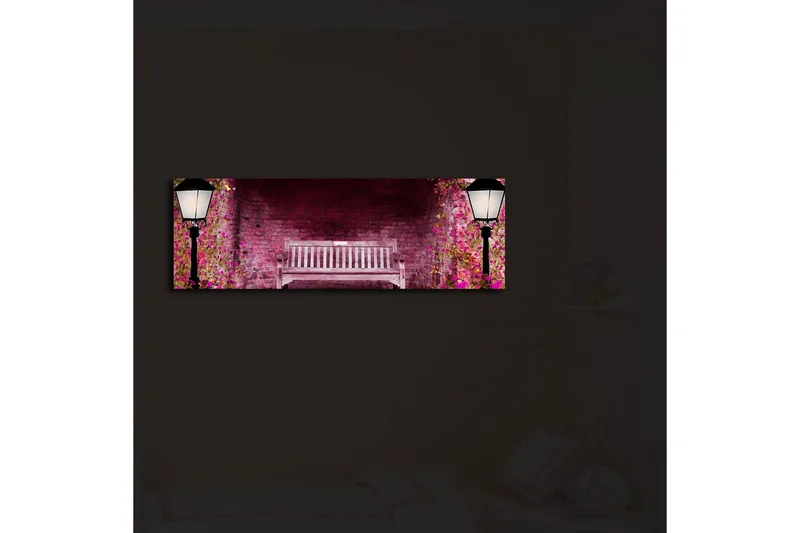 Canvas-taulu LED-valaistuksella 30x90 cm - Romanttinen puistonpenkki kukkivien kasvien ympäröimänä - Vaaleanpunainen / Vihreä / Ruskea - Sisustustuotteet - Taulu & taide - Canvas-taulu