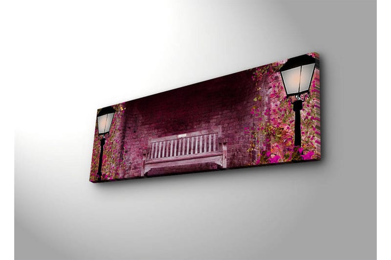 Canvas-taulu LED-valaistuksella 30x90 cm - Romanttinen puistonpenkki kukkivien kasvien ympäröimänä - Vaaleanpunainen / Vihreä / Ruskea - Sisustustuotteet - Taulu & taide - Canvas-taulu