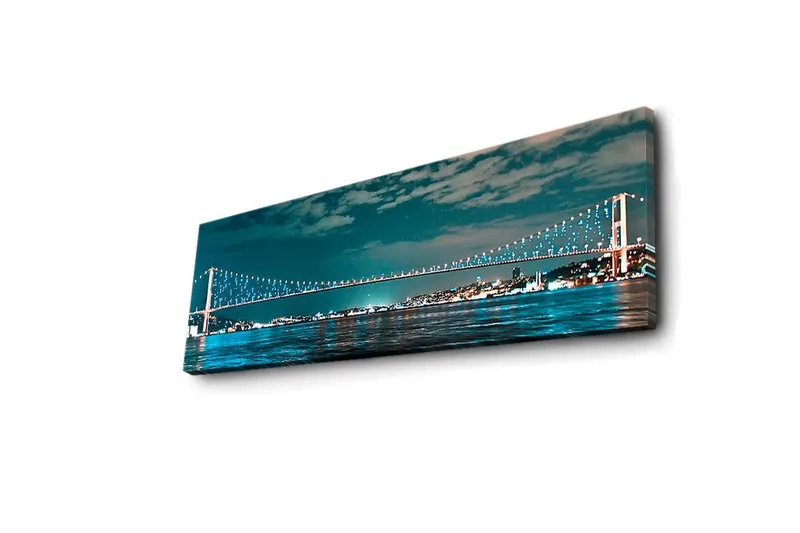 Canvas-taulu LED-valaistuksella 30x90 cm - Silta tyynen vesistön yli kaupungin valojen taustalla - Tummansininen / Turkoosi / Vaaleanvihreä - Sisustustuotteet - Taulu & taide - Canvas-taulu