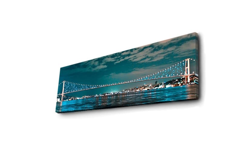 Canvas-taulu LED-valaistuksella 30x90 cm - Silta tyynen vesistön yli kaupungin valojen taustalla - Tummansininen / Turkoosi / Vaaleanvihreä - Sisustustuotteet - Taulu & taide - Canvas-taulu