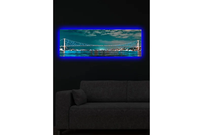 Canvas-taulu LED-valaistuksella 30x90 cm - Silta tyynen vesistön yli kaupungin valojen taustalla - Tummansininen / Turkoosi / Vaaleanvihreä - Sisustustuotteet - Taulu & taide - Canvas-taulu
