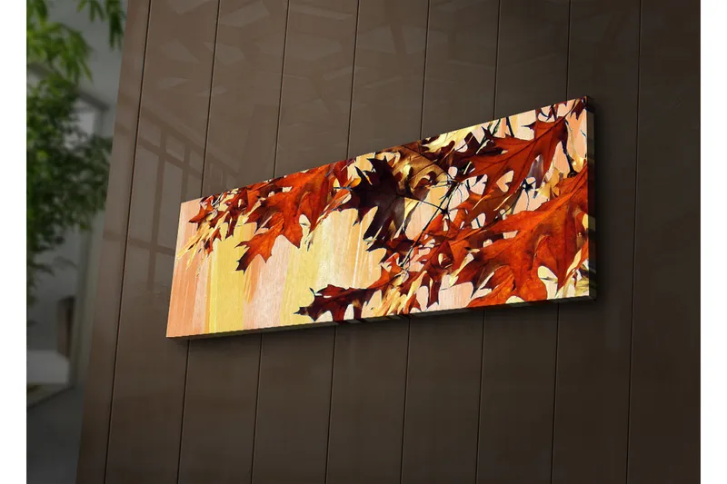 Canvas-taulu LED-valaistuksella 30x90 cm - Syksyn lehdet lämpimissä punaisen ja oranssin sävyissä, Punainen / Oranssi / Keltainen