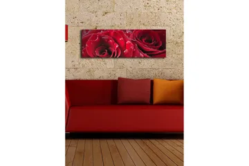 Canvas-taulu LED-valaistuksella 30x90 cm - Syvänpunaiset ruusut vesipisaroilla - Punainen / Vihreä - Sisustustuotteet - Taulu & taide - Canvas-taulu