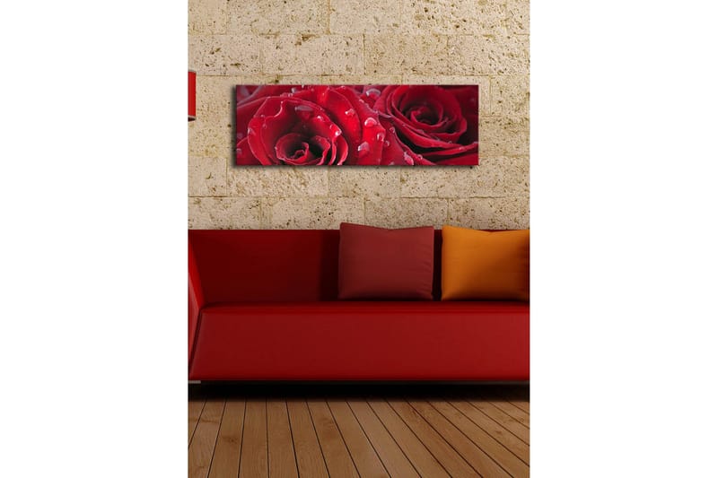 Canvas-taulu LED-valaistuksella 30x90 cm - Syvänpunaiset ruusut vesipisaroilla - Punainen / Vihreä - Sisustustuotteet - Taulu & taide - Canvas-taulu