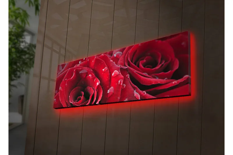 Canvas-taulu LED-valaistuksella 30x90 cm - Syvänpunaiset ruusut vesipisaroilla, Punainen / Vihreä