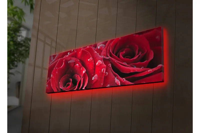 Canvas-taulu LED-valaistuksella 30x90 cm - Syvänpunaiset ruusut vesipisaroilla, Punainen / Vihreä