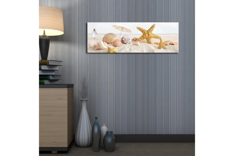 Canvas-taulu LED-valaistuksella 30x90 cm - Tähdenmuotoiset simpukat hiekkarannalla - Kulta / Beige / Vaaleanpunainen - Sisustustuotteet - Taulu & taide - Canvas-taulu