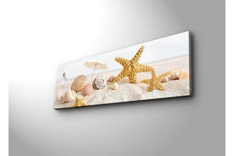 Canvas-taulu LED-valaistuksella 30x90 cm - Tähdenmuotoiset simpukat hiekkarannalla - Kulta / Beige / Vaaleanpunainen - Sisustustuotteet - Taulu & taide - Canvas-taulu