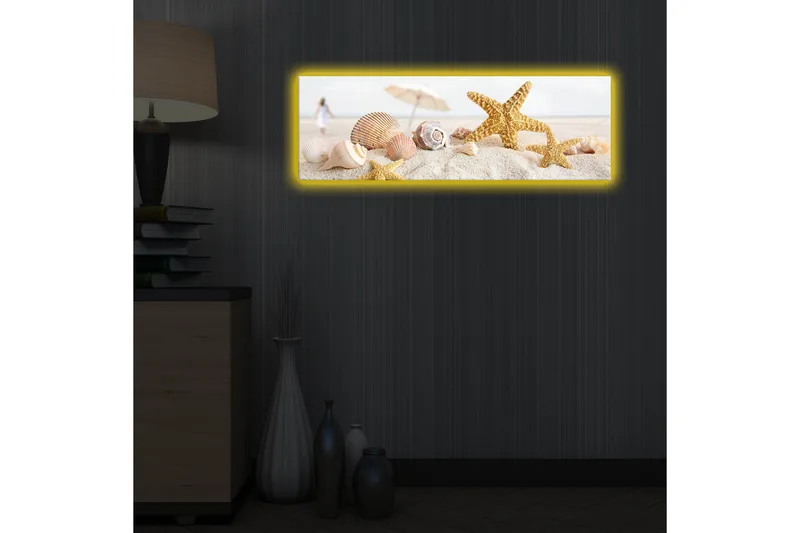 Canvas-taulu LED-valaistuksella 30x90 cm - Tähdenmuotoiset simpukat hiekkarannalla - Kulta / Beige / Vaaleanpunainen - Sisustustuotteet - Taulu & taide - Canvas-taulu