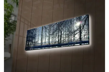 Canvas-taulu LED-valaistuksella 30x90 cm - Talvimaisema lumipeitteisillä puilla ja heikolla auringonvalon säteellä - Sininen / Valkoinen / Harmaa - Sisustustuotteet - Taulu & taide - Canvas-taulu