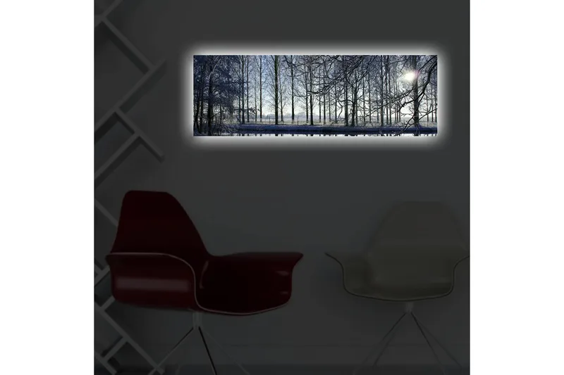 Canvas-taulu LED-valaistuksella 30x90 cm - Talvimaisema lumipeitteisillä puilla ja heikolla auringonvalon säteellä - Sininen / Valkoinen / Harmaa - Sisustustuotteet - Taulu & taide - Canvas-taulu