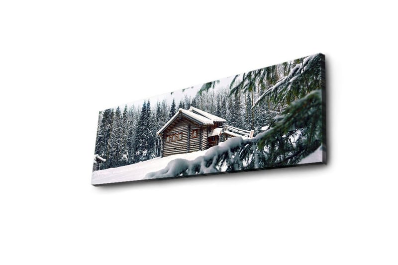 Canvas-taulu LED-valaistuksella 30x90 cm - Talvimaisema mökillä, jota ympäröi lumi ja kuusia - Valkoinen / Vihreä / Ruskea - Sisustustuotteet - Taulu & taide - Canvas-taulu