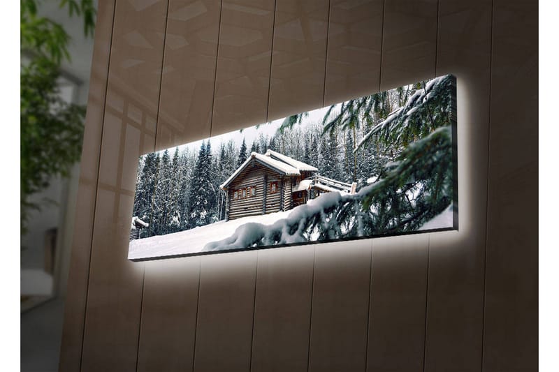 Canvas-taulu LED-valaistuksella 30x90 cm - Talvimaisema mökillä, jota ympäröi lumi ja kuusia - Valkoinen / Vihreä / Ruskea - Sisustustuotteet - Taulu & taide - Canvas-taulu