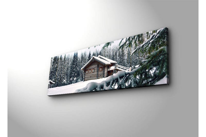 Canvas-taulu LED-valaistuksella 30x90 cm - Talvimaisema mökillä, jota ympäröi lumi ja kuusia - Valkoinen / Vihreä / Ruskea - Sisustustuotteet - Taulu & taide - Canvas-taulu