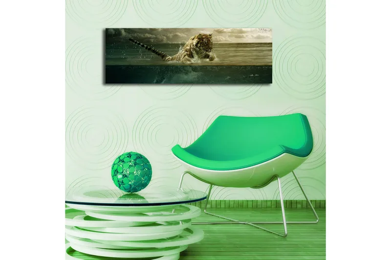 Canvas-taulu LED-valaistuksella 30x90 cm - Tiikeri hyppää vedestä - Vihreä / Beige / Ruskea - Sisustustuotteet - Taulu & taide - Canvas-taulu