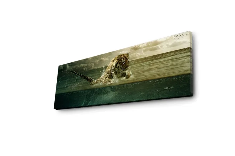 Canvas-taulu LED-valaistuksella 30x90 cm - Tiikeri hyppää vedestä - Vihreä / Beige / Ruskea - Sisustustuotteet - Taulu & taide - Canvas-taulu