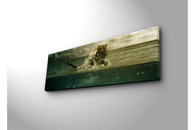 Canvas-taulu LED-valaistuksella 30x90 cm - Tiikeri hyppää vedestä - Vihreä / Beige / Ruskea - Sisustustuotteet - Taulu & taide - Canvas-taulu