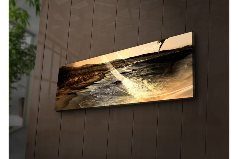 Canvas-taulu LED-valaistuksella 30x90 cm - Tunnelmallinen rantamaisema, jossa meri ja vuoret taustalla - Kulta / Ruskea / Musta - Sisustustuotteet - Taulu & taide - Canvas-taulu
