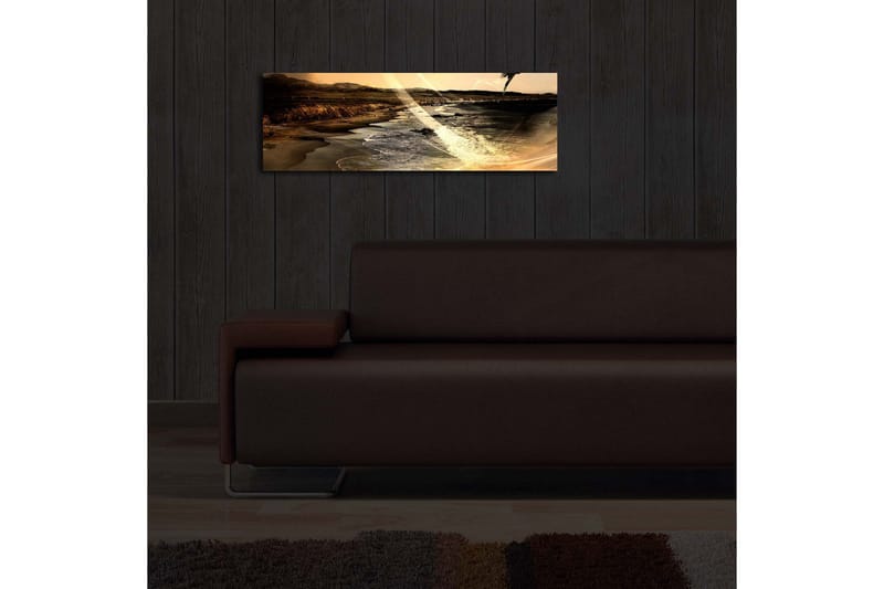 Canvas-taulu LED-valaistuksella 30x90 cm - Tunnelmallinen rantamaisema, jossa meri ja vuoret taustalla - Kulta / Ruskea / Musta - Sisustustuotteet - Taulu & taide - Canvas-taulu