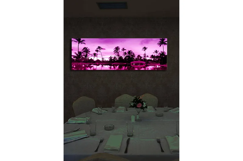 Canvas-taulu LED-valaistuksella 30x90 cm - Unelmallinen rantamaisema palmujen kanssa hämärän valossa - Violetti / Musta - Sisustustuotteet - Taulu & taide - Canvas-taulu