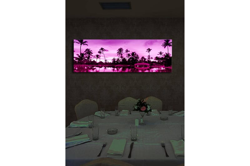 Canvas-taulu LED-valaistuksella 30x90 cm - Unelmallinen rantamaisema palmujen kanssa hämärän valossa - Violetti / Musta - Sisustustuotteet - Taulu & taide - Canvas-taulu