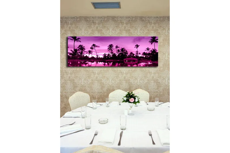 Canvas-taulu LED-valaistuksella 30x90 cm - Unelmallinen rantamaisema palmujen kanssa hämärän valossa - Violetti / Musta - Sisustustuotteet - Taulu & taide - Canvas-taulu