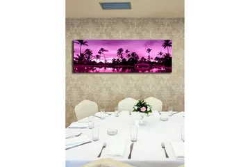 Canvas-taulu LED-valaistuksella 30x90 cm - Unelmallinen rantamaisema palmujen kanssa hämärän valossa - Violetti / Musta - Sisustustuotteet - Taulu & taide - Canvas-taulu
