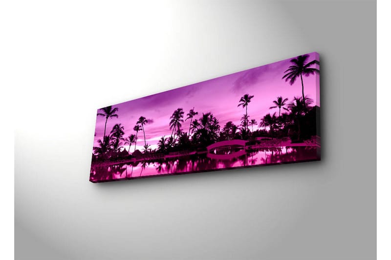 Canvas-taulu LED-valaistuksella 30x90 cm - Unelmallinen rantamaisema palmujen kanssa hämärän valossa - Violetti / Musta - Sisustustuotteet - Taulu & taide - Canvas-taulu