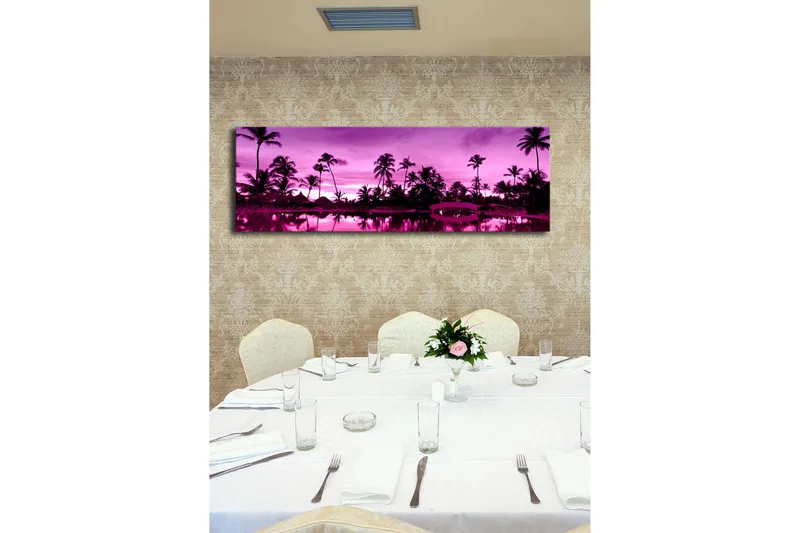 Canvas-taulu LED-valaistuksella 30x90 cm - Unelmallinen rantamaisema palmujen kanssa hämärän valossa - Violetti / Musta - Sisustustuotteet - Taulu & taide - Canvas-taulu