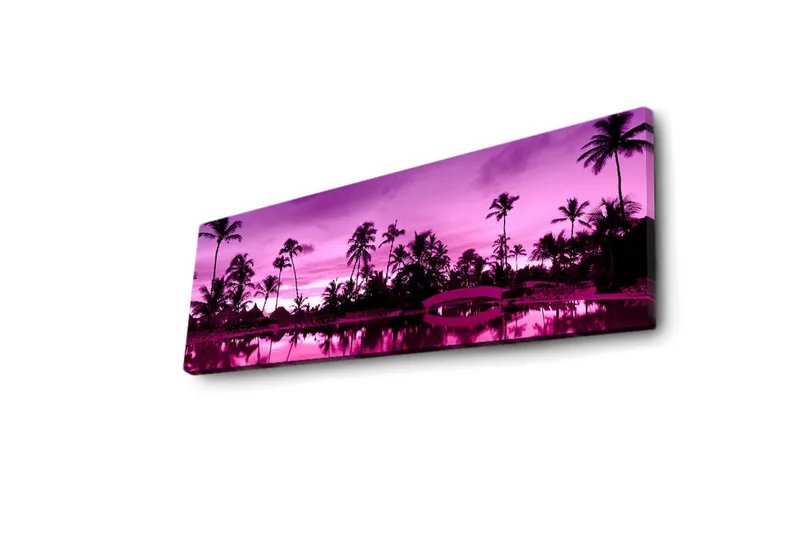 Canvas-taulu LED-valaistuksella 30x90 cm - Unelmallinen rantamaisema palmujen kanssa hämärän valossa - Violetti / Musta - Sisustustuotteet - Taulu & taide - Canvas-taulu