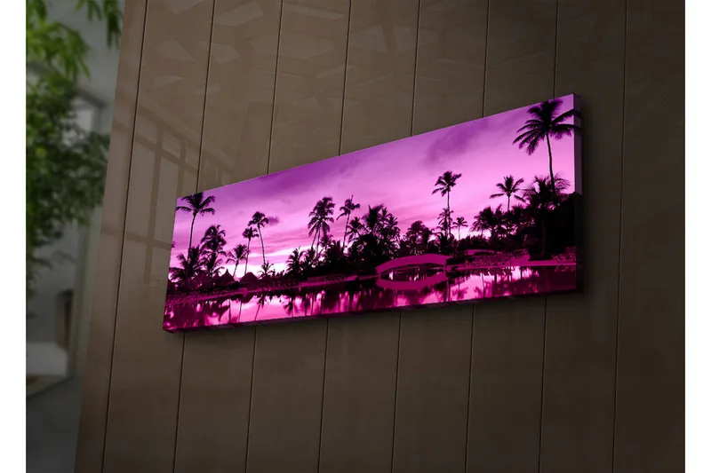 Canvas-taulu LED-valaistuksella 30x90 cm - Unelmallinen rantamaisema palmujen kanssa hämärän valossa, Violetti / Musta