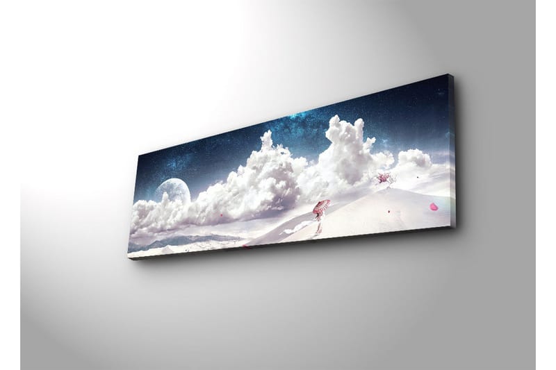 Canvas-taulu LED-valaistuksella 30x90 cm - Unenomainen maisema, jossa yksinäinen hahmo kantaa sateenvarjoa lumisessa ympäristössä tähtitaivaan alla - Sininen / Valkoinen / Vaaleanpunainen - Sisustustuotteet - Taulu & taide - Canvas-taulu