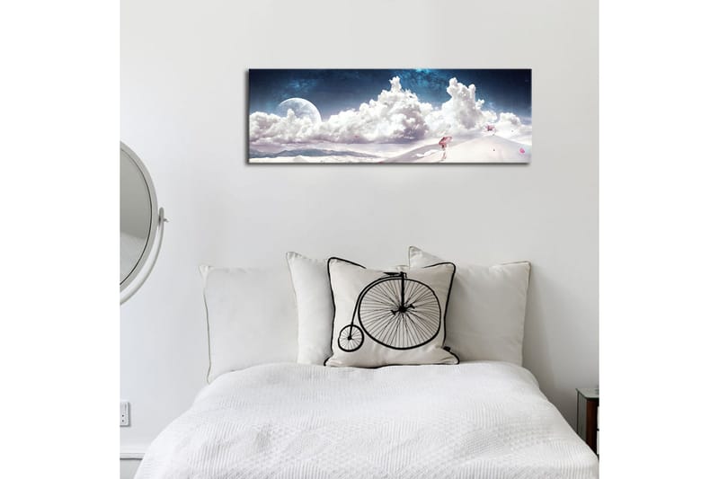 Canvas-taulu LED-valaistuksella 30x90 cm - Unenomainen maisema, jossa yksinäinen hahmo kantaa sateenvarjoa lumisessa ympäristössä tähtitaivaan alla - Sininen / Valkoinen / Vaaleanpunainen - Sisustustuotteet - Taulu & taide - Canvas-taulu