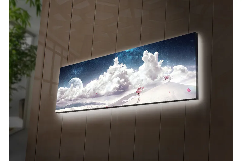 Canvas-taulu LED-valaistuksella 30x90 cm - Unenomainen maisema, jossa yksinäinen hahmo kantaa sateenvarjoa lumisessa ympäristössä tähtitaivaan alla - Sininen / Valkoinen / Vaaleanpunainen - Sisustustuotteet - Taulu & taide - Canvas-taulu