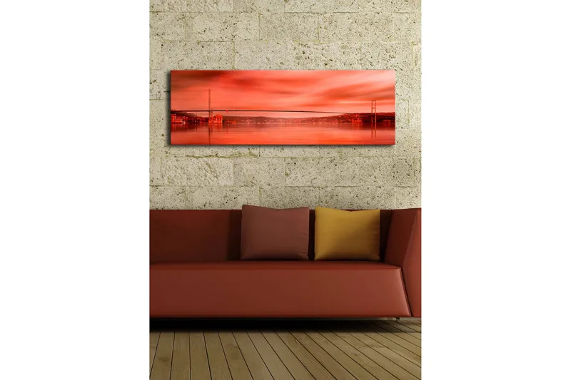 Canvas-taulu LED-valaistuksella 30x90 cm - Upea näkymä sillasta peilimäisen vedenpinnan yli auringonlaskun väreissä - Punainen / Oranssi / Musta - Sisustustuotteet - Taulu & taide - Canvas-taulu