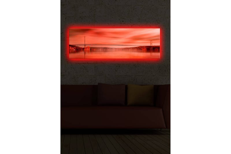 Canvas-taulu LED-valaistuksella 30x90 cm - Upea näkymä sillasta peilimäisen vedenpinnan yli auringonlaskun väreissä - Punainen / Oranssi / Musta - Sisustustuotteet - Taulu & taide - Canvas-taulu