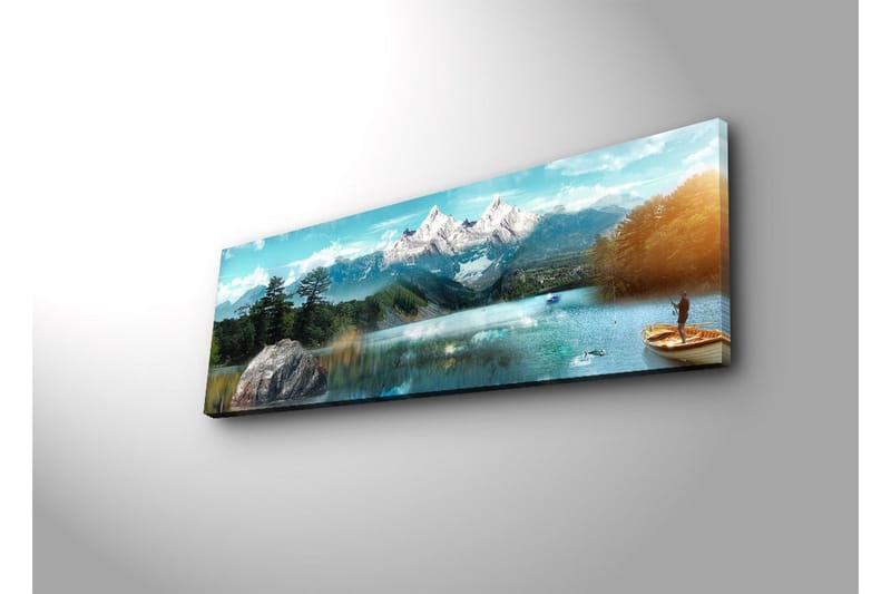 Canvas-taulu LED-valaistuksella 30x90 cm - Upea vuoristomaisema, jossa kalastaja veneessä peilimäisellä järvellä - Sininen / Vihreä / Valkoinen - Sisustustuotteet - Taulu & taide - Canvas-taulu