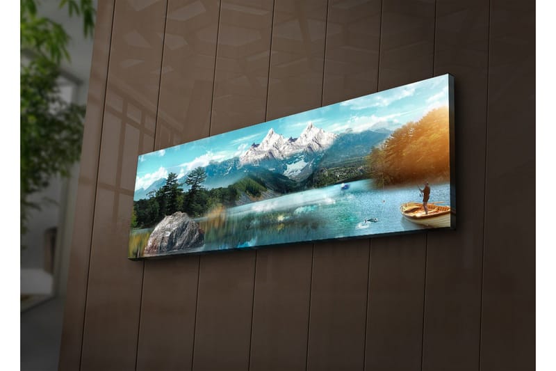 Canvas-taulu LED-valaistuksella 30x90 cm - Upea vuoristomaisema, jossa kalastaja veneessä peilimäisellä järvellä, Sininen / Vihreä / Valkoinen