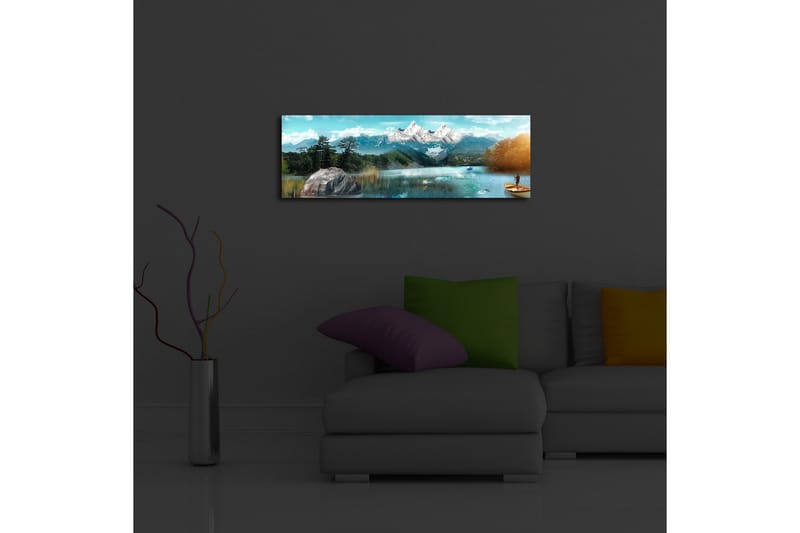 Canvas-taulu LED-valaistuksella 30x90 cm - Upea vuoristomaisema, jossa kalastaja veneessä peilimäisellä järvellä - Sininen / Vihreä / Valkoinen - Sisustustuotteet - Taulu & taide - Canvas-taulu