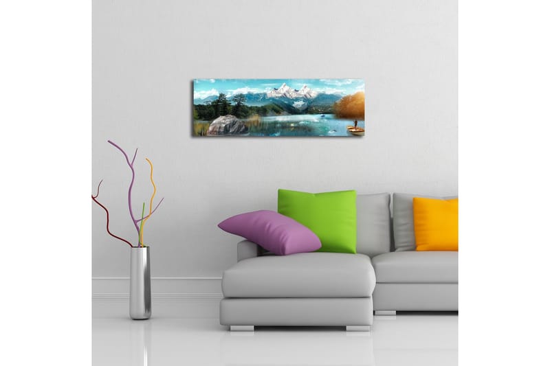 Canvas-taulu LED-valaistuksella 30x90 cm - Upea vuoristomaisema, jossa kalastaja veneessä peilimäisellä järvellä - Sininen / Vihreä / Valkoinen - Sisustustuotteet - Taulu & taide - Canvas-taulu