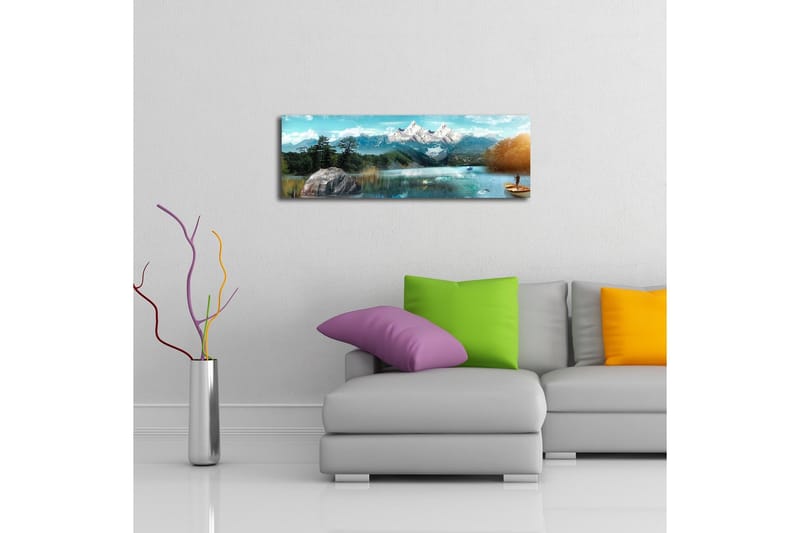 Canvas-taulu LED-valaistuksella 30x90 cm - Upea vuoristomaisema, jossa kalastaja veneessä peilimäisellä järvellä - Sininen / Vihreä / Valkoinen - Sisustustuotteet - Taulu & taide - Canvas-taulu