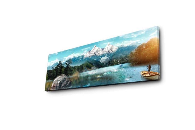 Canvas-taulu LED-valaistuksella 30x90 cm - Upea vuoristomaisema, jossa kalastaja veneessä peilimäisellä järvellä - Sininen / Vihreä / Valkoinen - Sisustustuotteet - Taulu & taide - Canvas-taulu